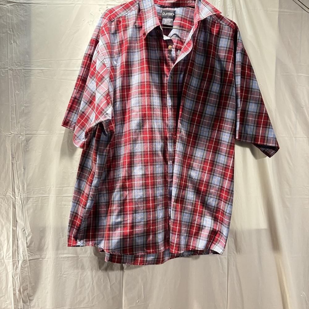 Puritan Shirt Mens Short Sleeve Plaid Button-Up Blue Red‎ Casual